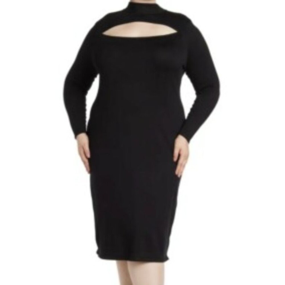 Black Long Sleeve Mock Neck Cutout Bodycon Sweater Midi Dress Chic 90s‎ Boho